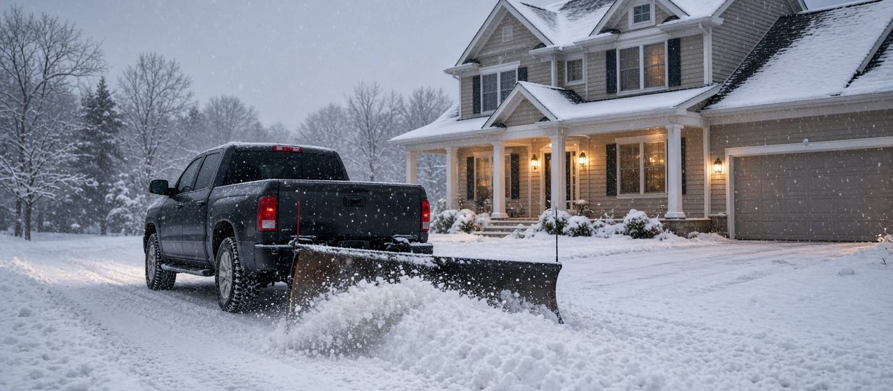 A dark pickup with a plow blade at its rear pushing snow down a driveway in front of a two-story house with lit windows and snow on the roof, in Thornton, Colorado