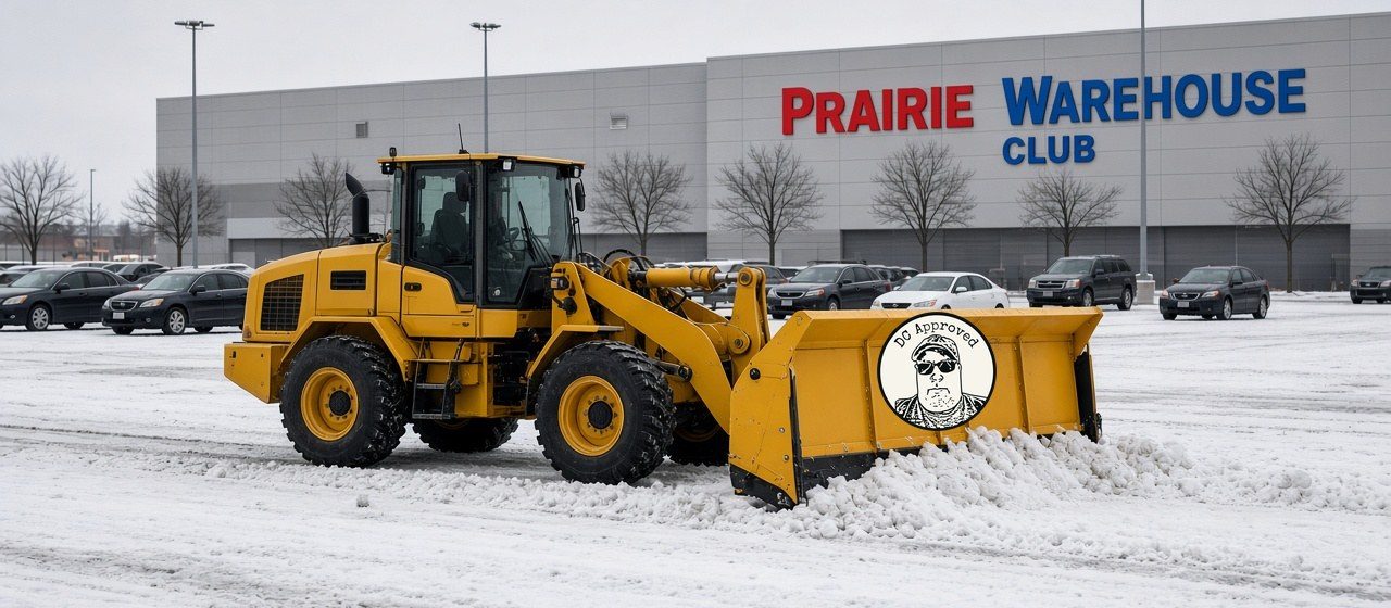 A yellow wheel loader with a DC Approved snow pusher clearing a big store parking lot, in Thornton, Colorado