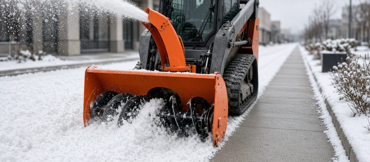 An orange snow blower attachment on a tracked loader throwing snow beside a long cleared sidewalk, in Thornton, Colorado
