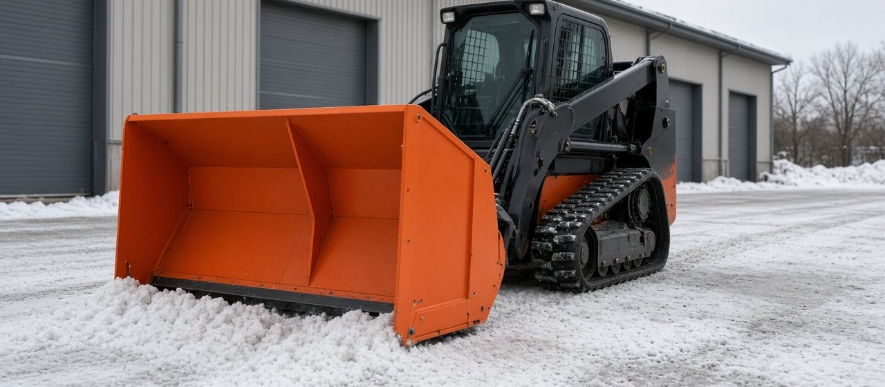 An orange snow pusher with tall side panels on a black tracked loader in front of a metal warehouse, in Thornton, Colorado