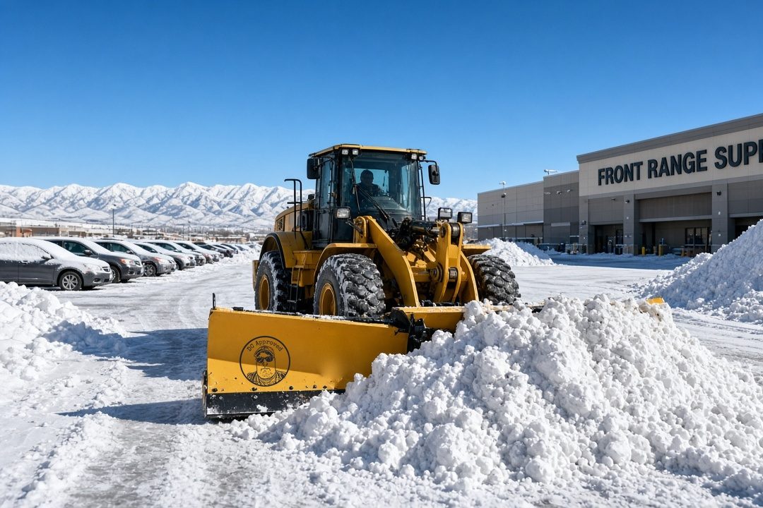 A yellow wheel loader with a DC Approved plow pushing a big pile of snow across a store parking lot, with parked cars, snow-capped mountains and a clear blue sky behind it, in Thornton, Colorado