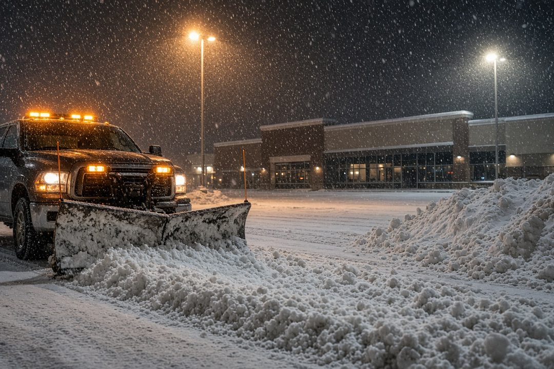 A dark pickup with amber lights and a front plow blade pushing snow across a parking lot at night, with tall pole lights, a storefront building and a snow pile behind it, in Thornton, Colorado