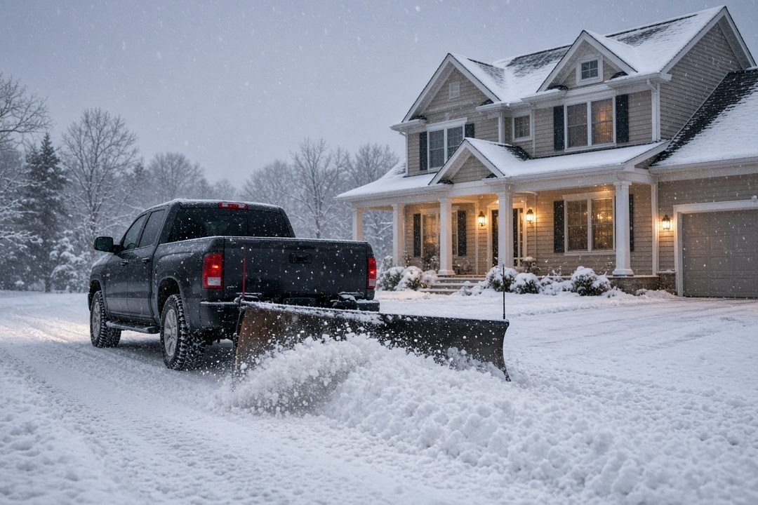 A dark pickup with a plow blade at its rear pushing snow down a driveway in front of a two-story house with lit windows and snow on the roof, in Thornton, Colorado