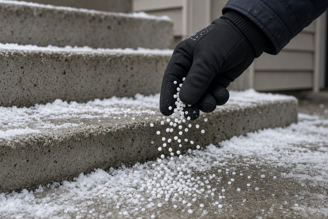 A gloved hand scattering white ice melt pellets onto snowy concrete steps, in Thornton, Colorado
