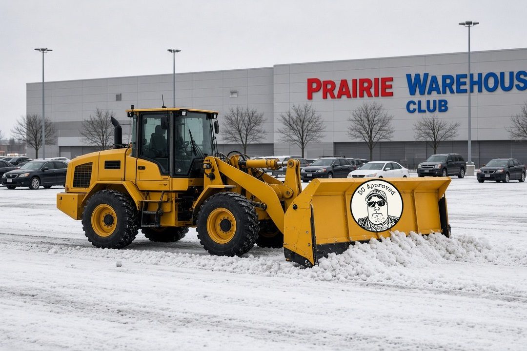 A yellow wheel loader with a DC Approved snow pusher clearing a big store parking lot, in Thornton, Colorado