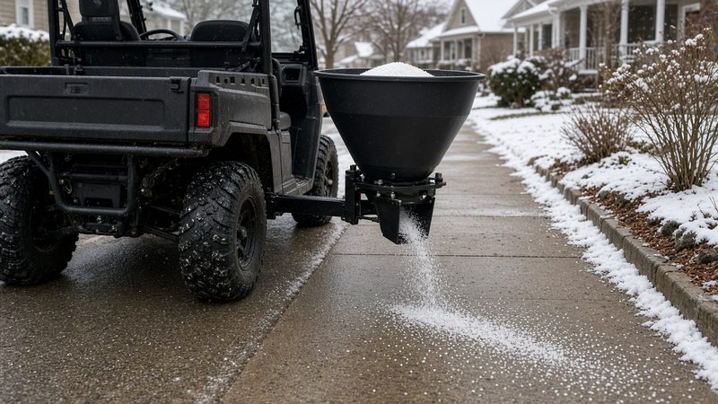 A black cone-shaped spreader on the back of a utility vehicle spreading salt on a sidewalk, in Thornton, Colorado