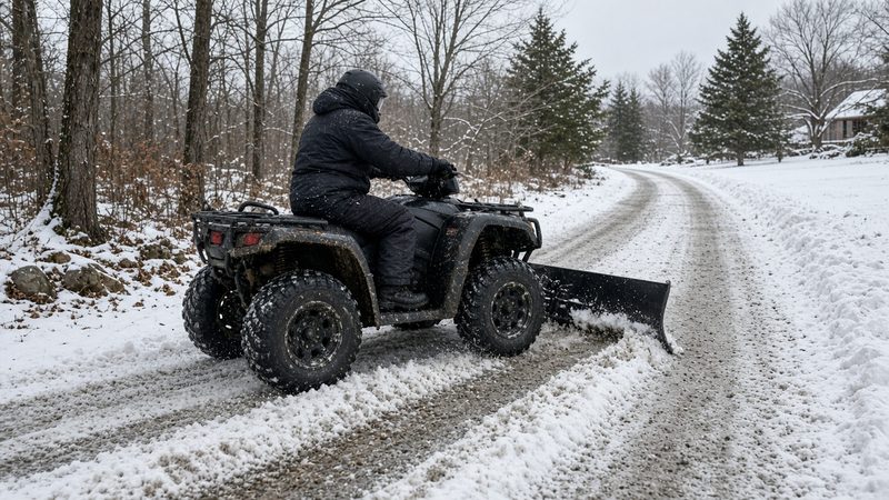 A rider on an ATV with a front plow blade clearing a snowy gravel lane through the woods, in Thornton, Colorado