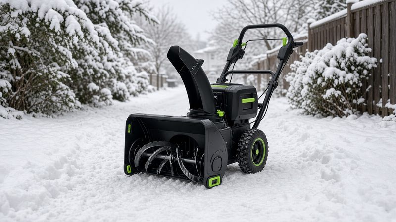 A black battery-powered two-stage snow blower with green trim on a snowy path between snow-covered shrubs and a fence, in Thornton, Colorado