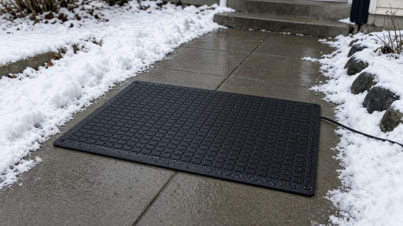 A black rubber mat on a wet, clear concrete walkway with snow on both sides and a cord running off the side, in Thornton, Colorado