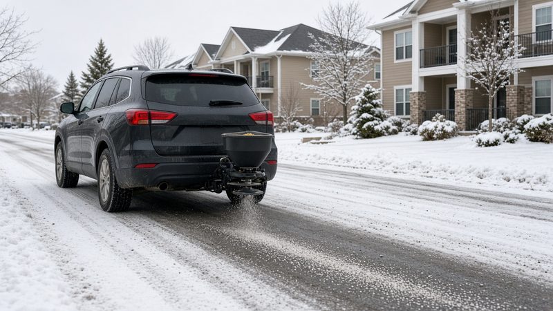 A dark SUV with a small black salt spreader on its rear hitch spreading salt on a snowy street by apartment buildings, in Thornton, Colorado
