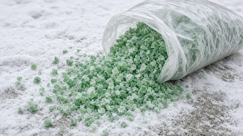 A clear bag of green ice melt crystals spilling onto snowy ground, in Thornton, Colorado