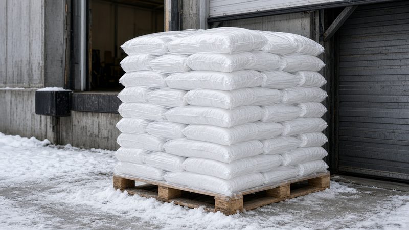 A wooden pallet stacked with plain white bags beside a loading dock door, in Thornton, Colorado