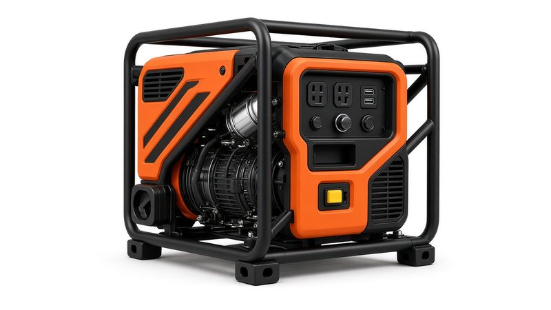 An orange and black open-frame inverter generator in a black tube frame, in Thornton, Colorado