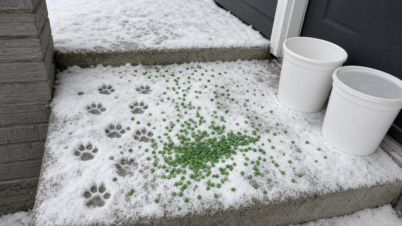 Green ice melt pellets and paw prints on a snowy front step, with two plain white tubs by the door, in Thornton, Colorado