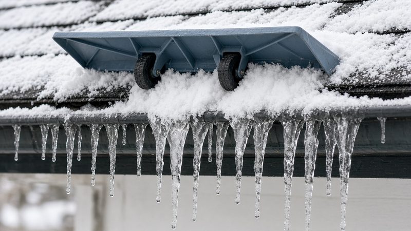 A blue-gray roof rake head with two wheels on a snowy roof edge above a row of icicles, in Thornton, Colorado