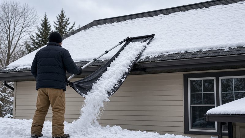 A person on the ground pulling a sheet of snow off a house roof with a long roof rake and fabric slide, in Thornton, Colorado