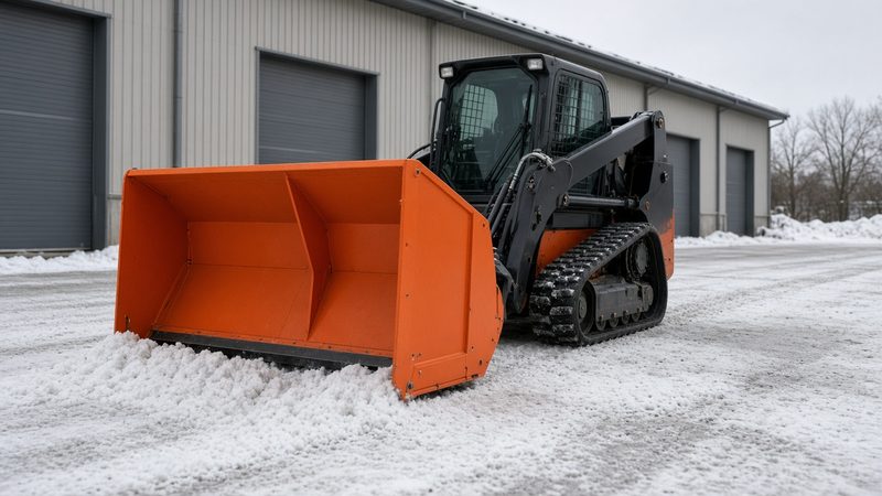 An orange snow pusher with tall side panels on a black tracked loader in front of a metal warehouse, in Thornton, Colorado
