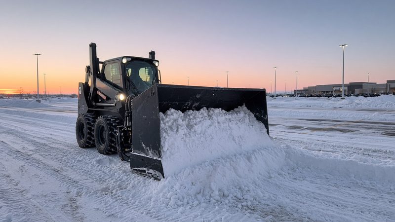 A black snow pusher box on a wheeled skid steer pushing snow across a big parking lot at dawn, in Thornton, Colorado