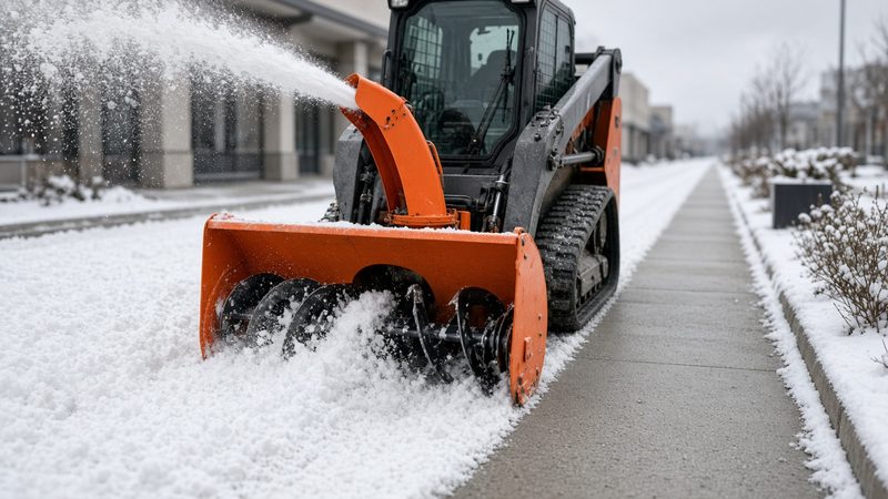 An orange snow blower attachment on a tracked loader throwing snow beside a long cleared sidewalk, in Thornton, Colorado