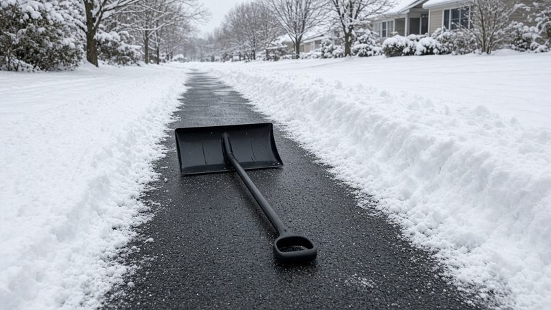A black snow pusher lying on a freshly cleared strip of driveway between snowbanks, in Thornton, Colorado