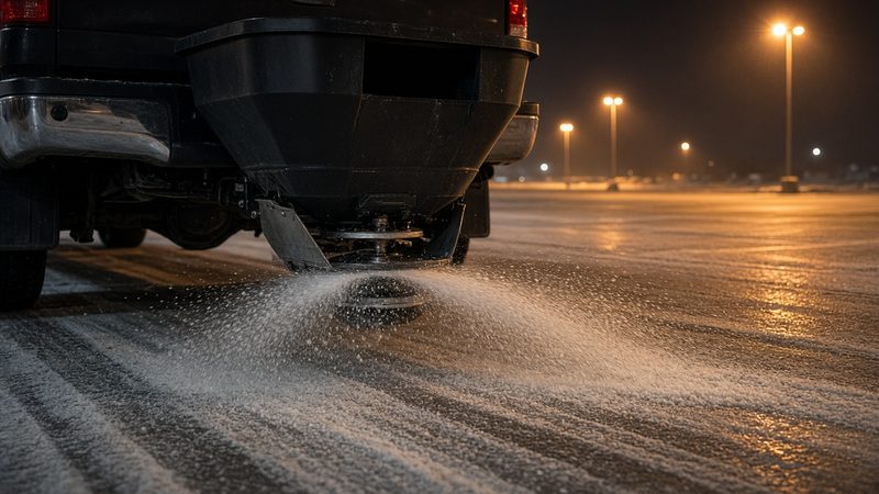 A black tailgate hopper on the back of a truck spreading salt across a parking lot at night, in Thornton, Colorado