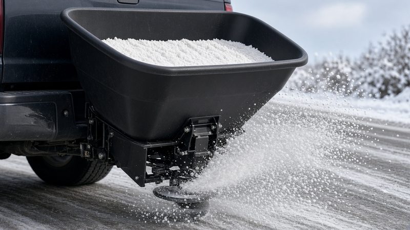 A black hopper full of salt on the back of a truck, with a spinner throwing salt onto a snowy road, in Thornton, Colorado
