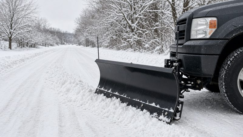 A black straight plow blade mounted on the front of a dark pickup on a snowy road, in Thornton, Colorado