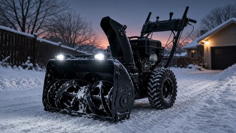 A black two-stage snow blower with its headlights on in a snowy driveway at dusk, in Thornton, Colorado