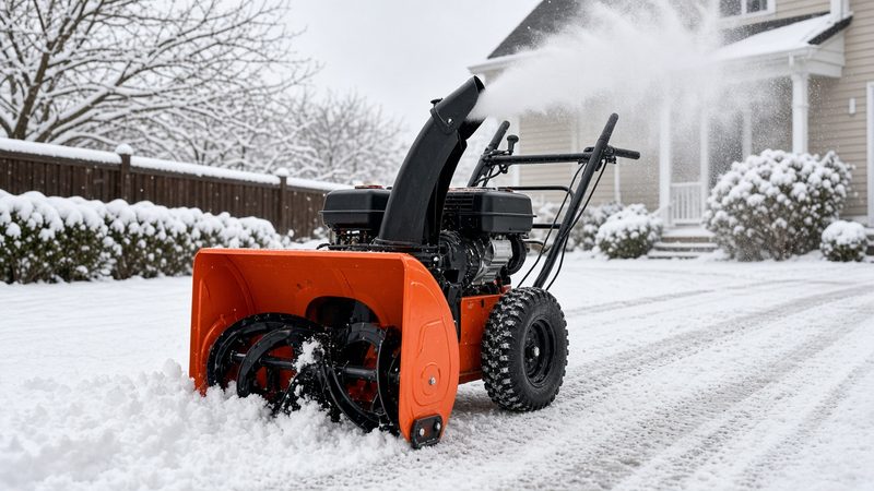 An orange two-stage snow blower throwing snow from its chute in a snowy front yard, in Thornton, Colorado