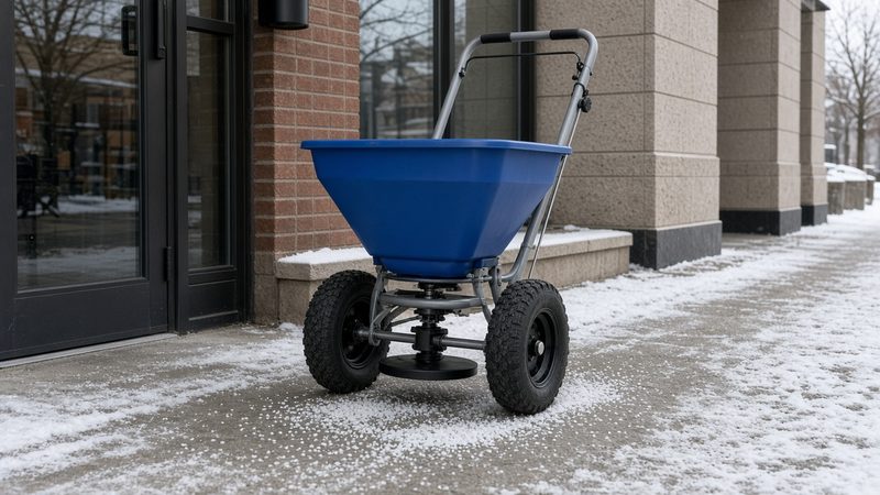 A blue walk-behind spreader with large tires on a salted storefront sidewalk, in Thornton, Colorado